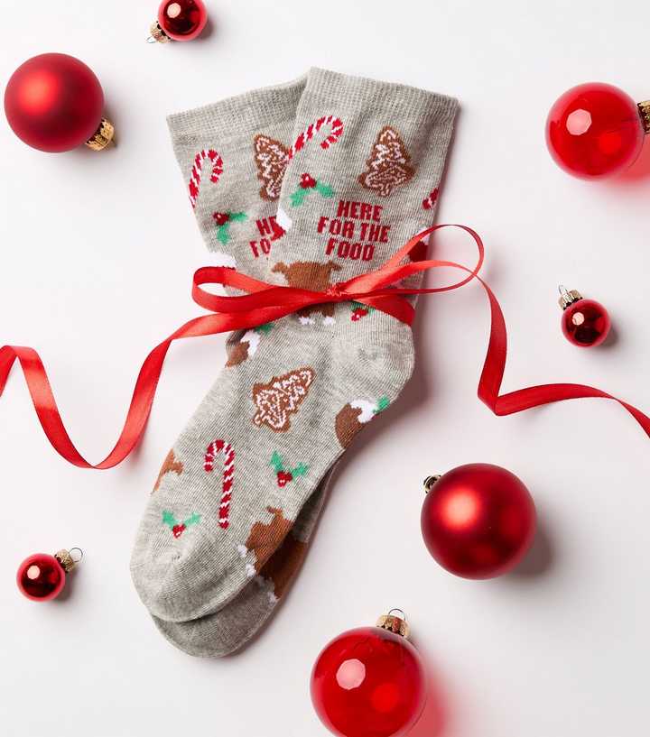 Dark Grey Cotton Rich Here For The Food Slogan Christmas Ankle Socks