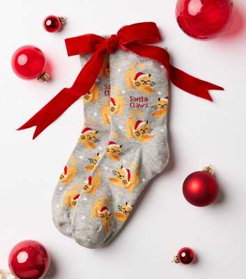 Light Grey Cotton Rich Christmas Santa Claws Patterned Ankle Socks