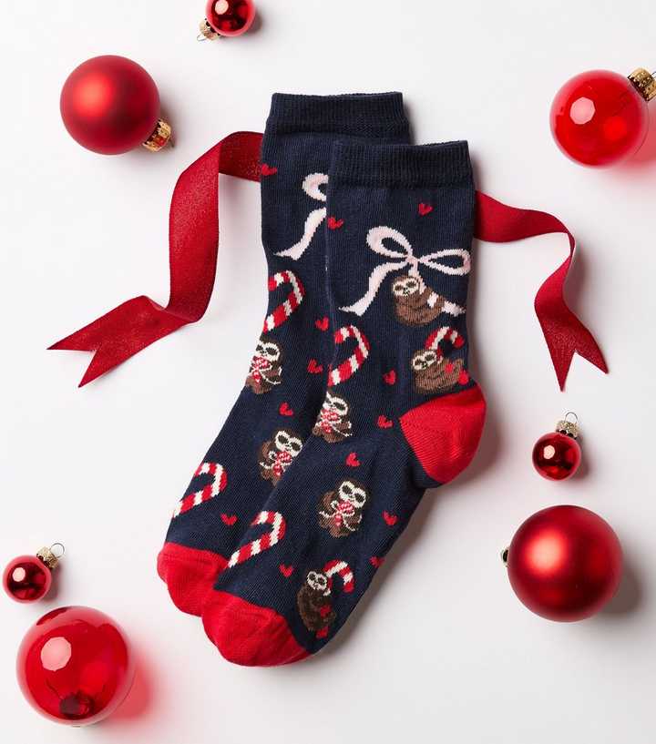 Navy Cotton Rich Christmas Sloth Candy Cane Patterned Ankle Socks