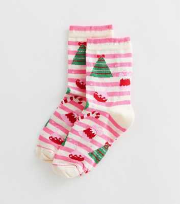 Pink Cotton Rich Striped Christmas Patterned Ankle Socks