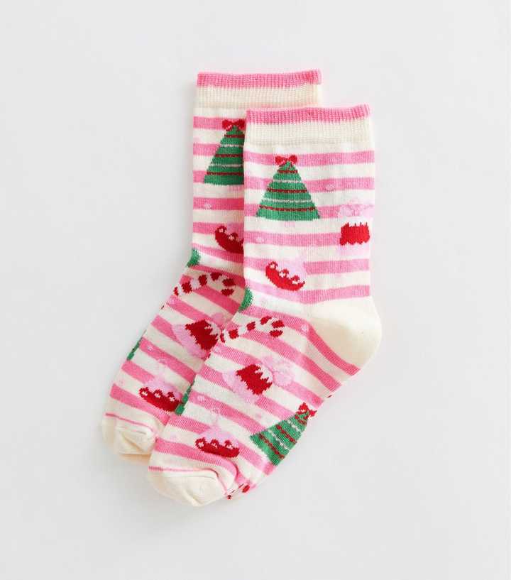 Pink Cotton Rich Striped Christmas Patterned Ankle Socks