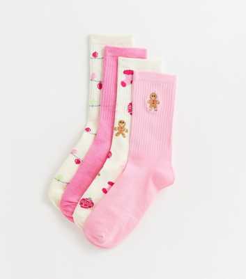 Multicolour Pack of 4 Christmas Embroidered Tube Socks