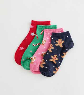 Pack of 4 Cotton Rich Multicoloured Christmas Print Trainer Socks