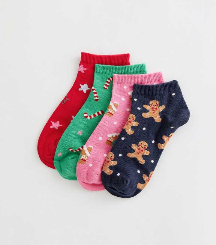 Pack of 4 Cotton Rich Multicoloured Christmas Print Trainer Socks