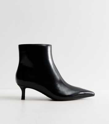 Black Faux Leather Kitten Heel Pointed Toe Ankle Boots