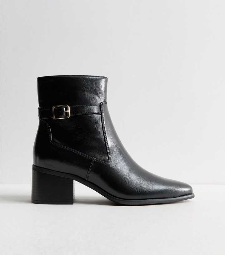 Black Faux Leather Block Heel Pointed Toe Boots