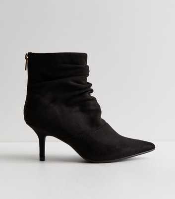 Wide Fit Black Faux Suede Ruched Stiletto Heeled Ankle Boot