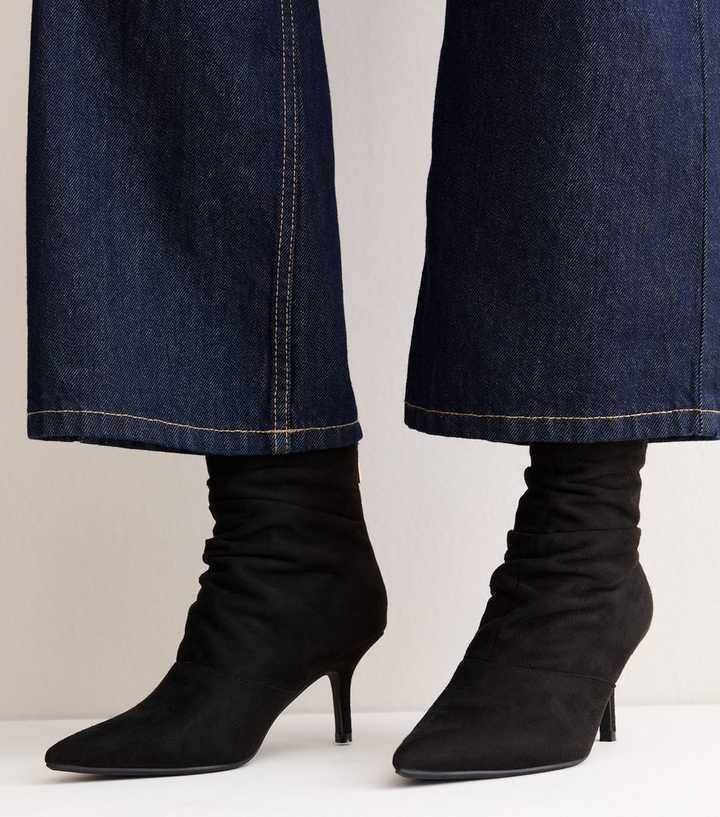 Wide Fit Black Faux Suede Ruched Stiletto Heeled Ankle Boot