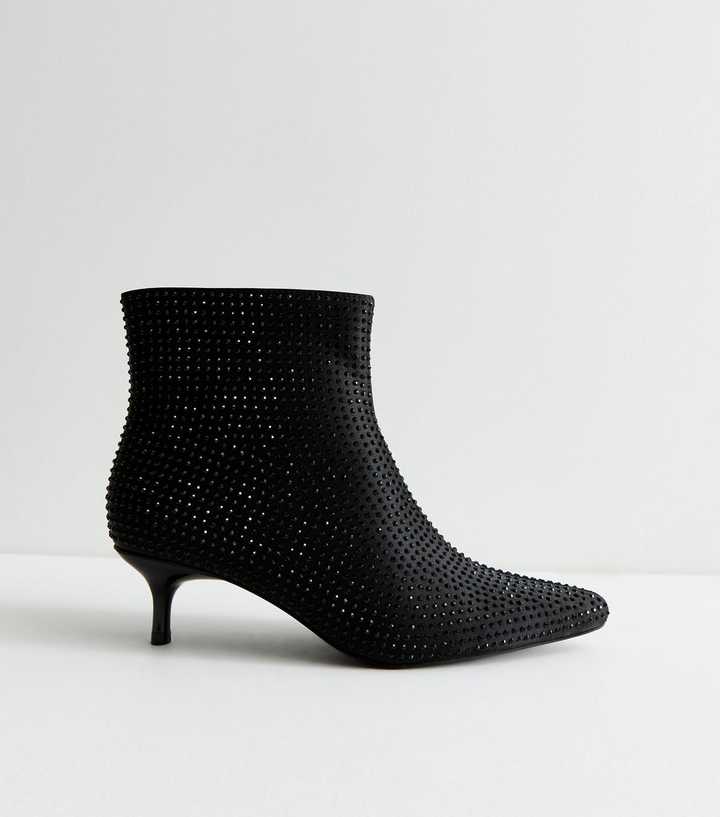 Wide Fit Black Gem Embellished Ankle Boots
