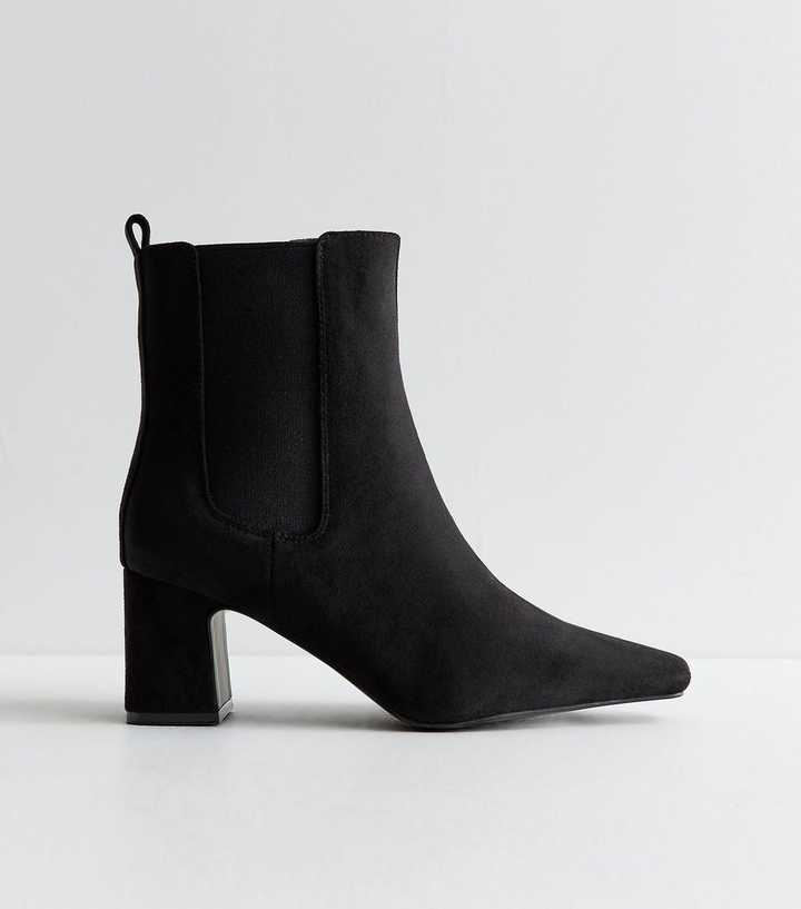 Wide Fit Black Faux Suede Block Heel Chelsea Boots