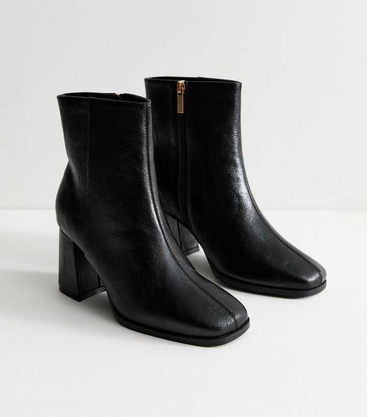 Black Faux Leather Block Heel Ankle Boots