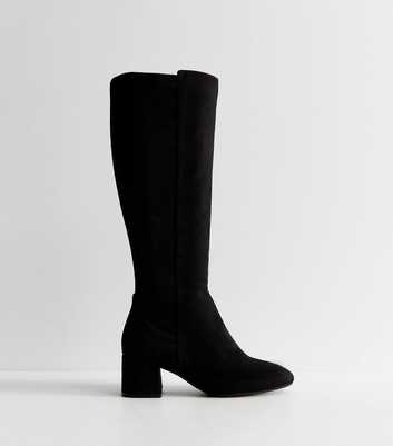 Wide Fit Black Low Block Heel Almond Toe Knee High Boots