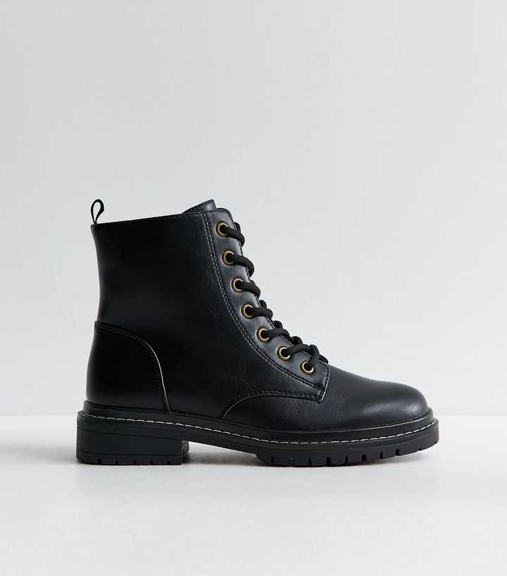 Black Wide Fit Faux Leather Lace Up Boots