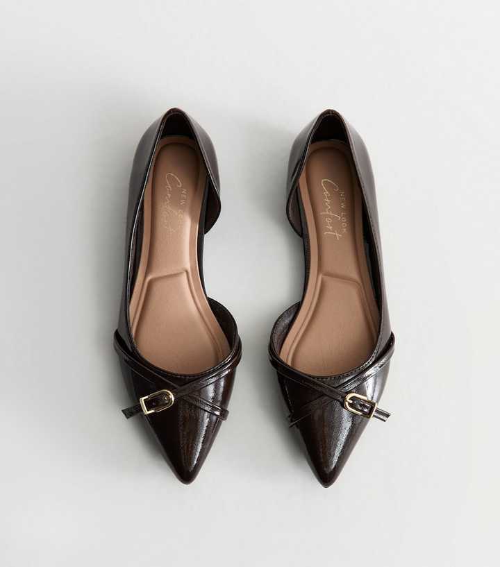 Dark Brown Faux Patent Leather Buckle Slingback Pumps