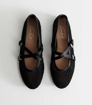 Black Mesh Gem Embellished Mary Jane Flats