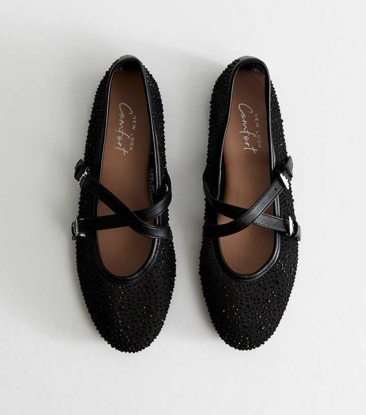 Black Mesh Gem Embellished Mary Jane Flats
