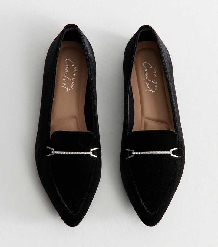 Black Velvet Diamante Trim Ballet Pumps