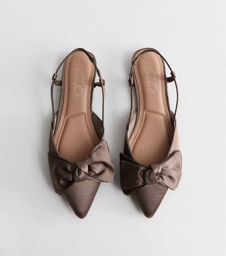 Light Brown Satin Bow Slingback Flats