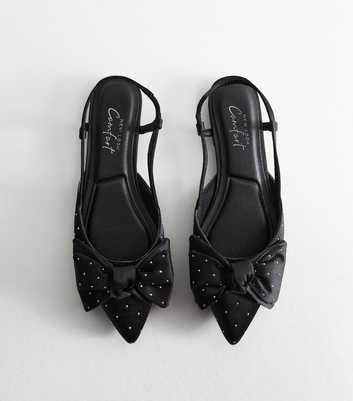 Black Satin Embellished Bow Slingback Flats