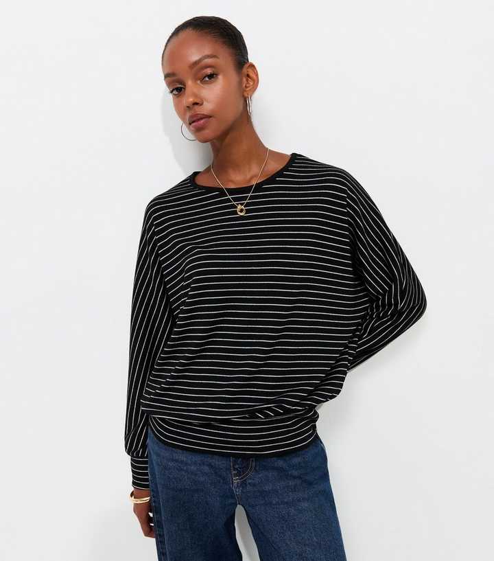 Black Soft Touch Striped Batwing Sleeve Top