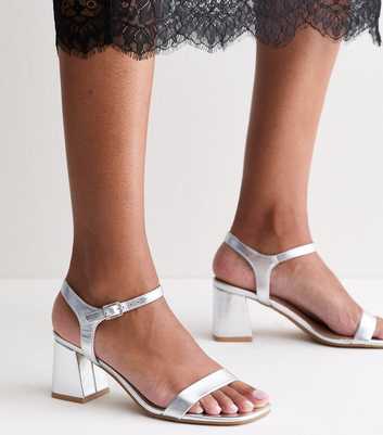 Silver Faux Leather Square Toe Block Heel Sandals