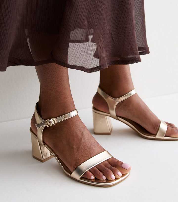 Gold Faux Leather Open Toe Block Heel Sandals
