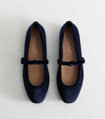 Wide Fit Navy Velvet Bow Strap Mary Jane Flats