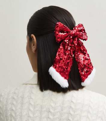 Bright Red Christmas Sequin Santa Bow Hair Slide