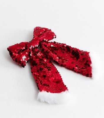 Bright Red Christmas Sequin Santa Bow Hair Slide