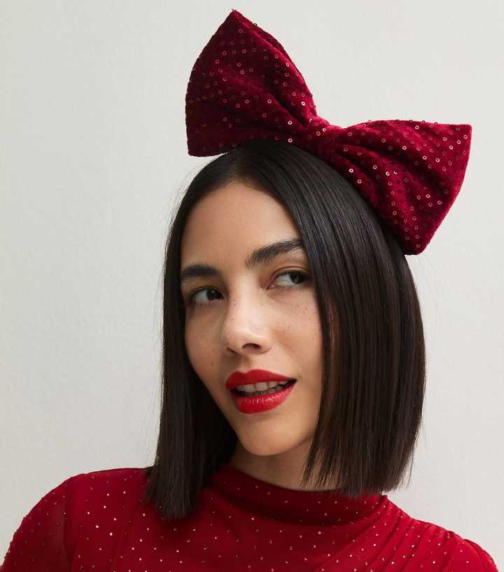 Bright Red Christmas Sequin Embellished Bow Headband