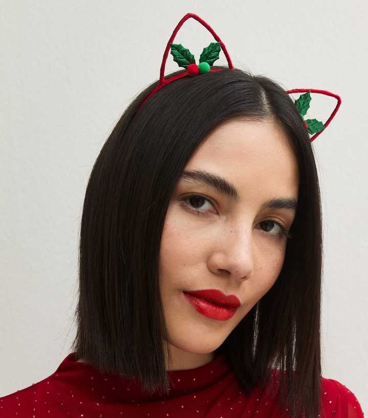 Bright Red Christmas Holly Cat Ear Headband