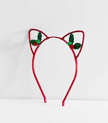 Bright Red Christmas Holly Cat Ear Headband