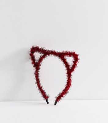 Bright Red Christmas Tinsel Cat Ear Headband