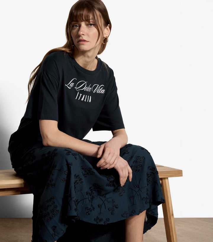Apricot Navy Cotton Embroidered La Dolce Vita T-Shirt