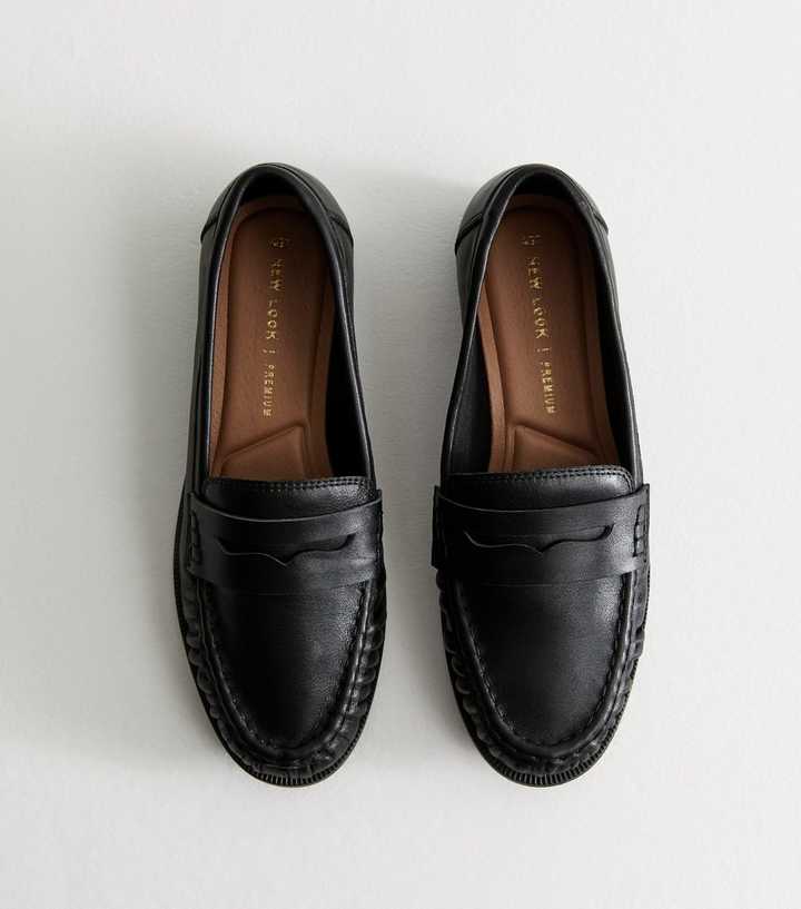 Black Leather Gathered Almond Toe Penny Slot Loafers