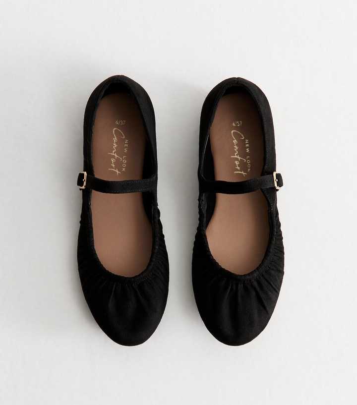 Black Faux Suede Ruched Mary Jane Ballet Flats