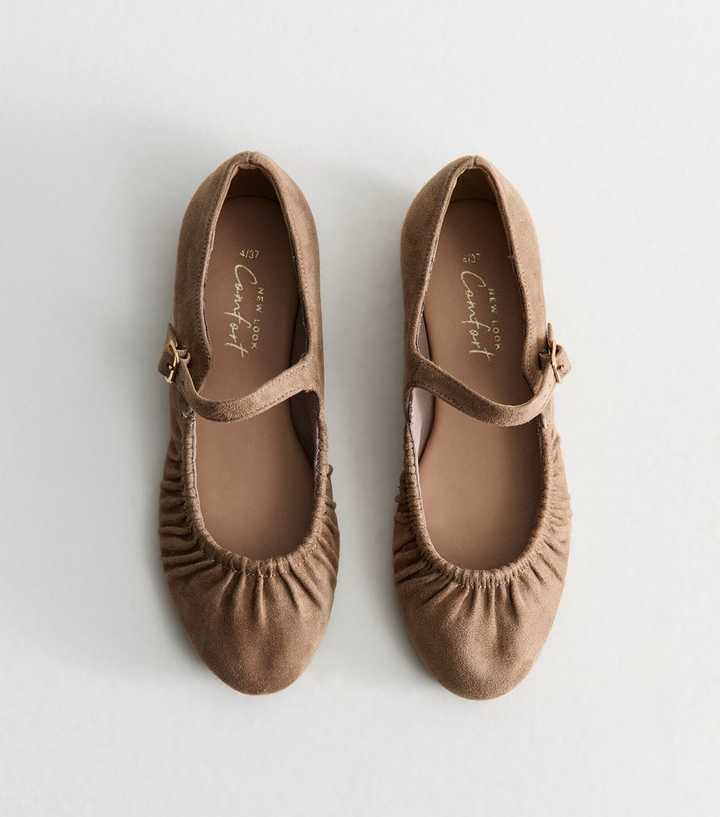 Mink Faux Suede Ruched Mary Jane Ballet Flats