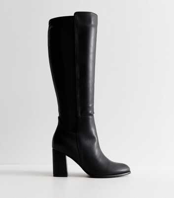 Wide Fit Black Faux Leather Block Heel Knee High Boots