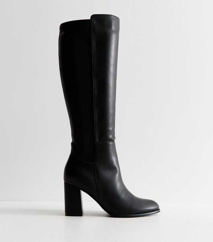 Wide Fit Black Faux Leather Block Heel Knee High Boots