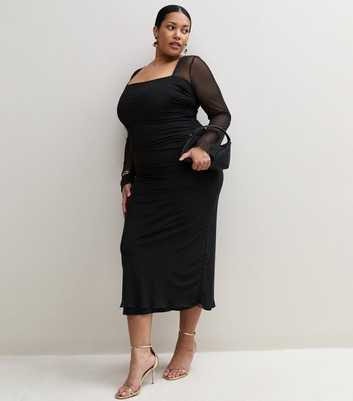 Curves Black Ruched Waist Fitted Midi Dress