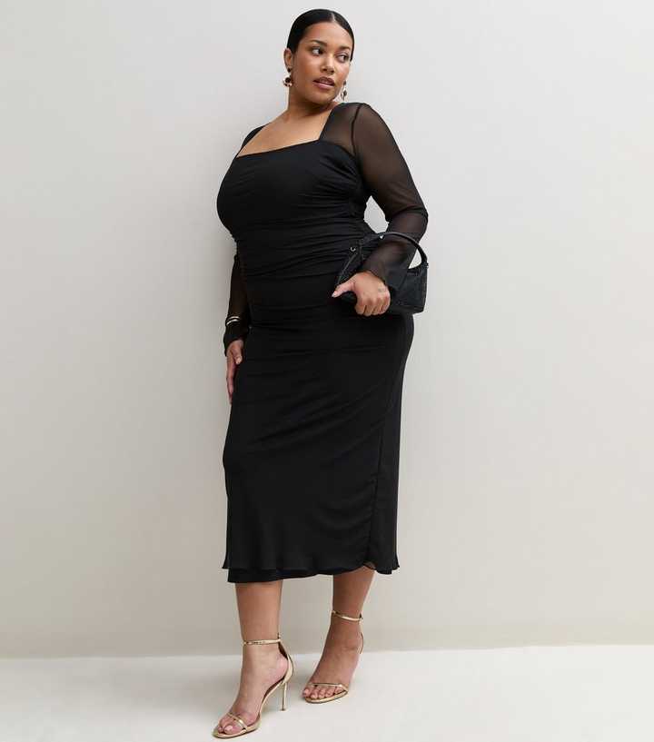 Curves Black Ruched Waist Fitted Midi Dress