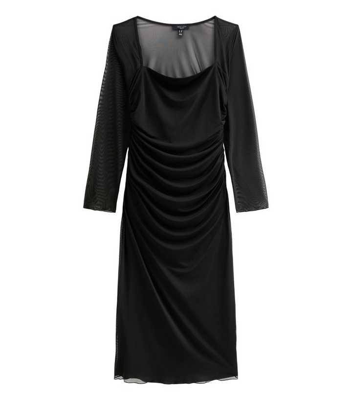 Curves Black Ruched Waist Fitted Midi Dress