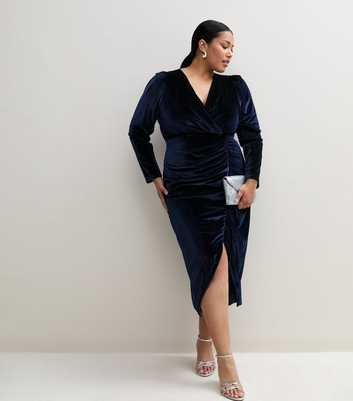 Curves Navy Puff Sleeve Velvet Wrap Midi Dress