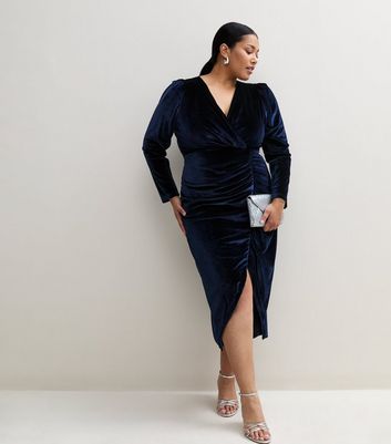 Curves Navy Puff Sleeve Velvet Wrap Midi Dress
