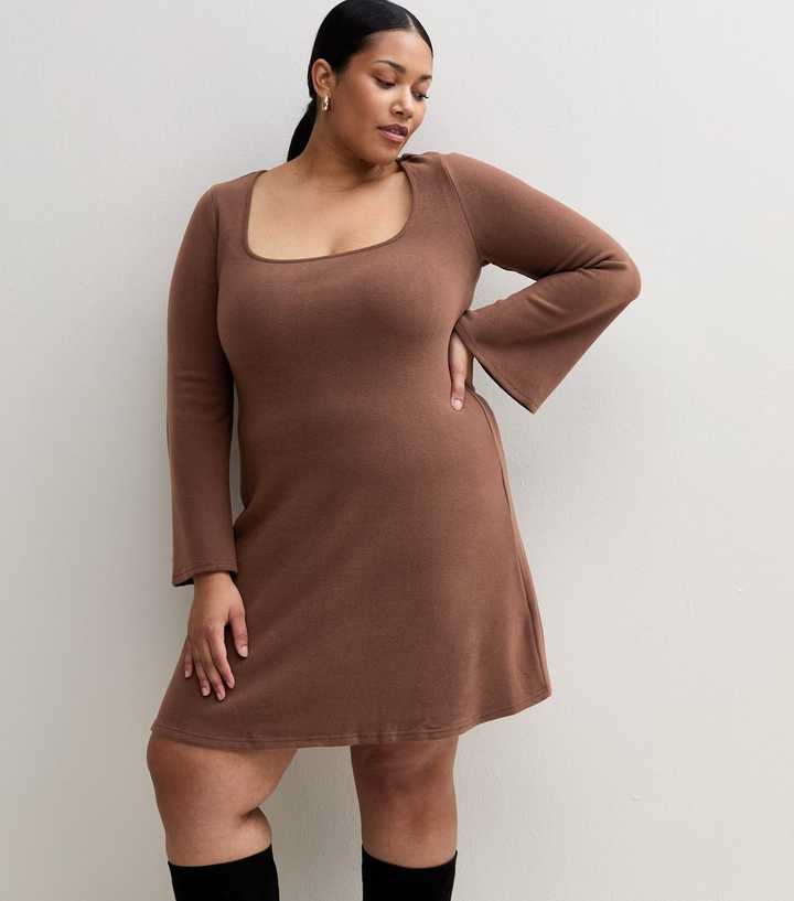 Curves Dark Brown Flared Sleeve Square Neck Mini Dress