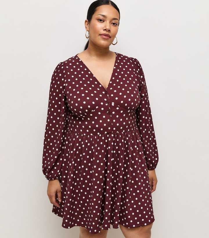 Curves Red Spot Print Crinkle Texture Button V-Neck Mini Dress