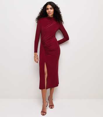 Bright Red Ruched High Neck Midi Dress