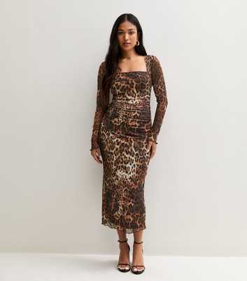 Petite Brown Leopard Print Mesh Square Neck Midi Dress