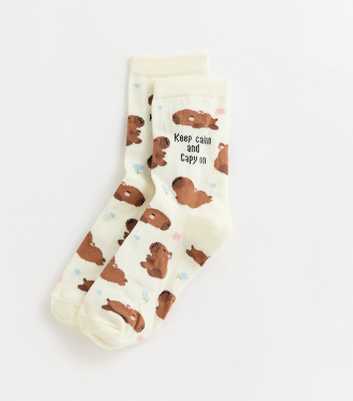 Cream Keep Calm and Capy On Ankle Socks