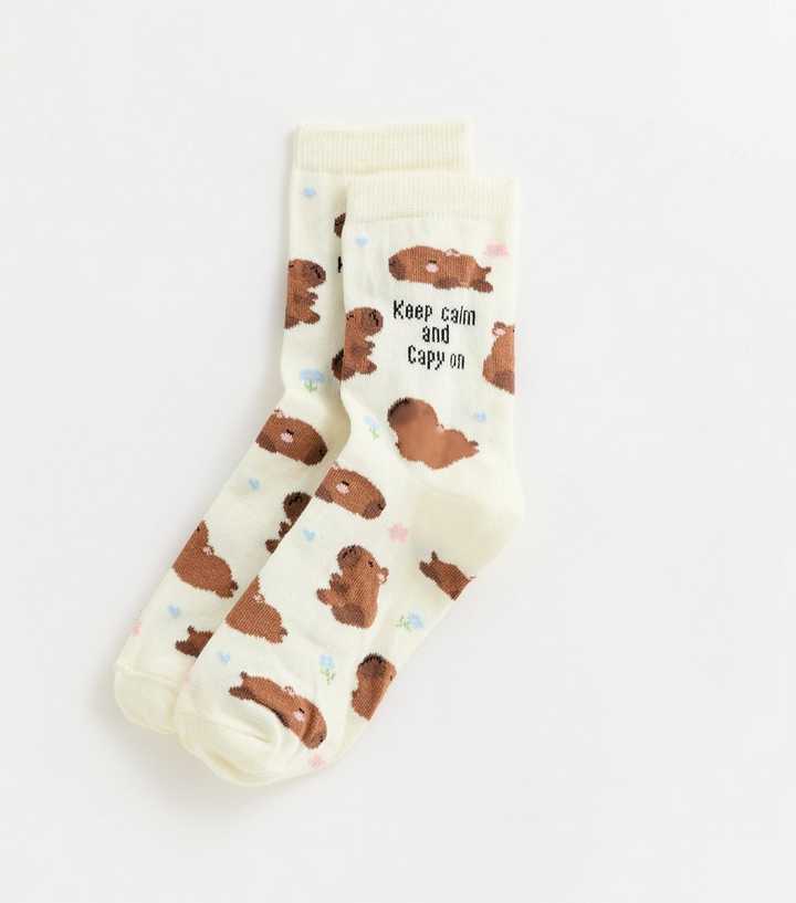 Cream Keep Calm and Capy On Ankle Socks